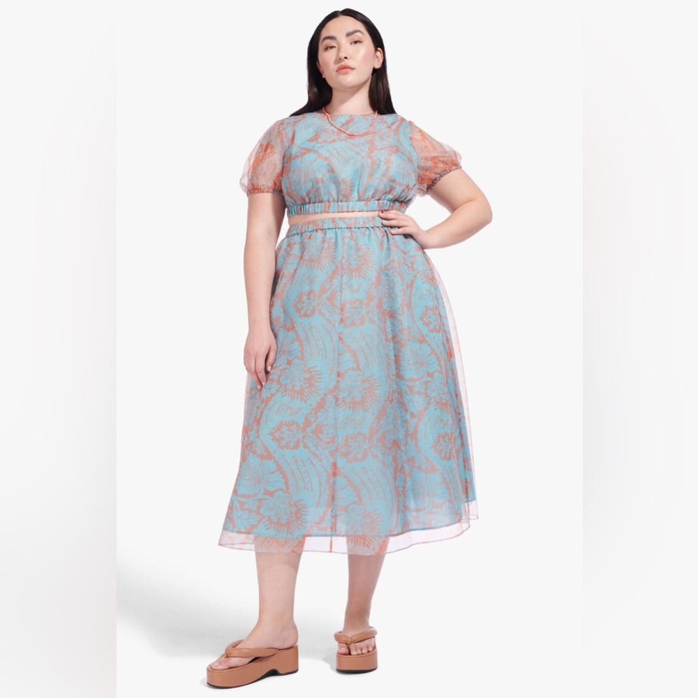 STAUD Frieze Organza Top Floral Wave Turquoise